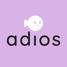 Purple logo with a fish saying adios.